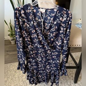 NWT Suki So Floral Faux Wrap Dress with Ruffle Sleeves, Navy Blue, Small